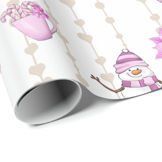 Roze kerstroze Snowmen en Snowflakes Cadeaupapier (Rol Hoek)