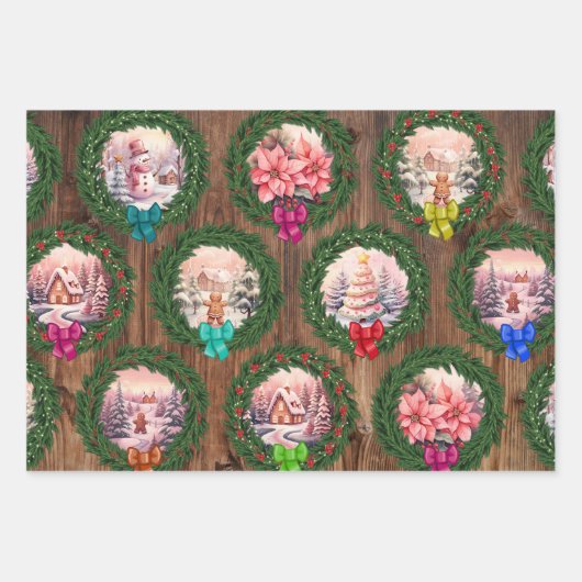 Roze Kerstscènes Inpakpapier Vel (Voorkant)