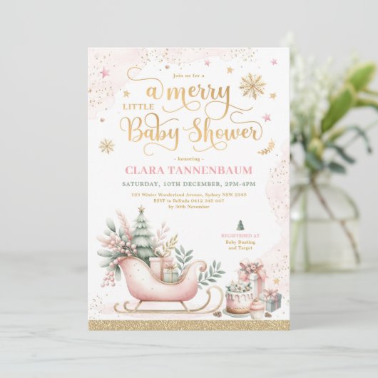 Roze Kerstslee | Een vrolijk klein Baby shower Kaart (Staand voorkant)