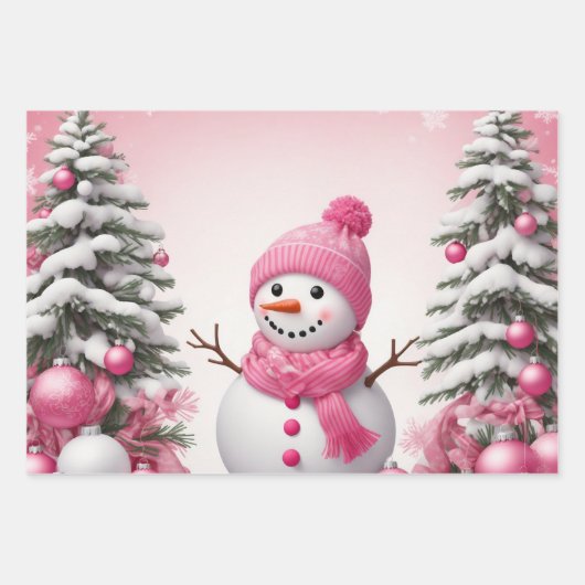  roze kerstsneeuwman & bomen inpakpapier vel (Voorkant 3)