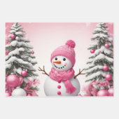 roze kerstsneeuwman & bomen inpakpapier vel (Voorkant 2)