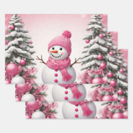  roze kerstsneeuwman & bomen inpakpapier vel