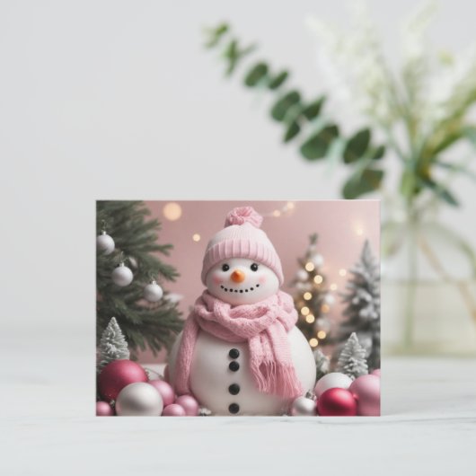 roze kerstsneeuwman briefkaart (Staand voorkant)