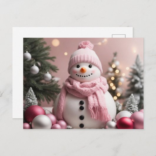 roze kerstsneeuwman briefkaart (Voorkant / Achterkant)