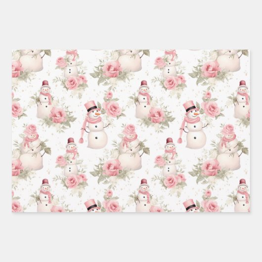  roze kerstsneeuwman en bloemen inpakpapier vel (Voorkant 3)