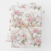  roze kerstsneeuwman en bloemen inpakpapier vel (In situ)