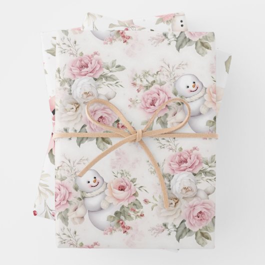  roze kerstsneeuwman en bloemen inpakpapier vel (In situ)