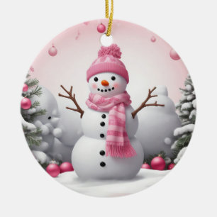Roze Kerstsneeuwman Keramisch Ornament
