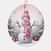 Roze Kerstsneeuwman Keramisch Ornament (Links)
