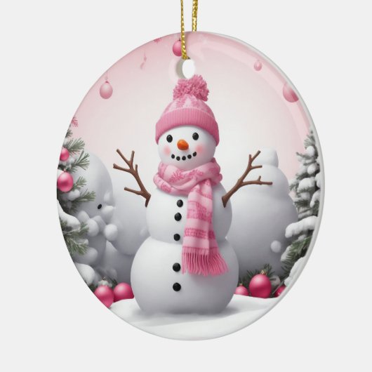 Roze Kerstsneeuwman Keramisch Ornament (Links)