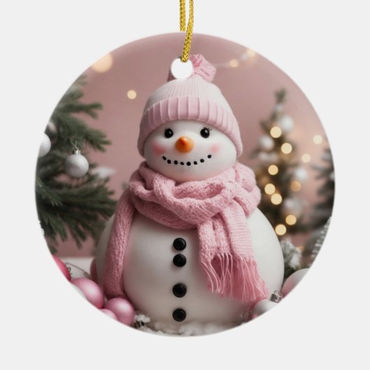 roze kerstsneeuwman keramisch ornament (Voorkant)