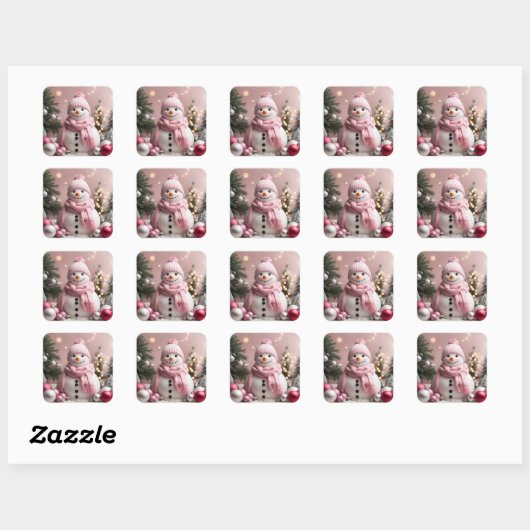  roze kerstsneeuwman vierkante sticker (Vel)