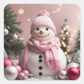  roze kerstsneeuwman vierkante sticker (Voorkant)