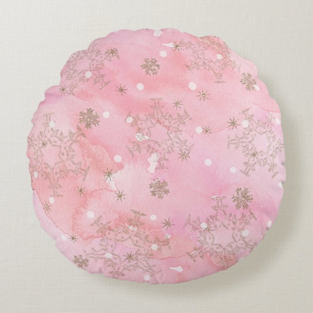 Roze Kerstsneeuwvlokken Boho Patroon Rond Kussen (Voorkant)