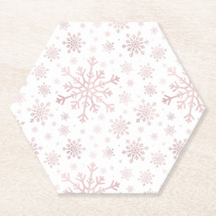 roze kerstsnowflakes op winterwit kartonnen onderzetters