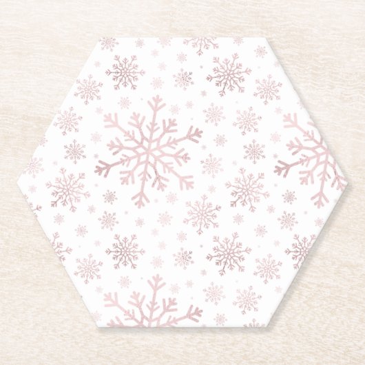  roze kerstsnowflakes op winterwit kartonnen onderzetters (Voorkant)