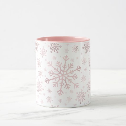  roze kerstsnowflakes op winterwit mok (Midden)
