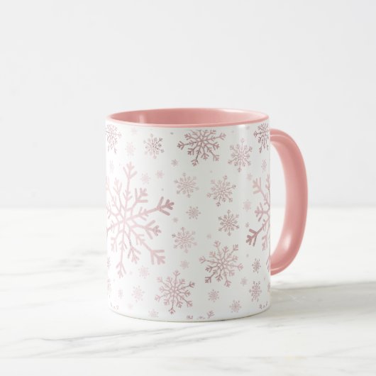  roze kerstsnowflakes op winterwit mok (Voorkant rechts)