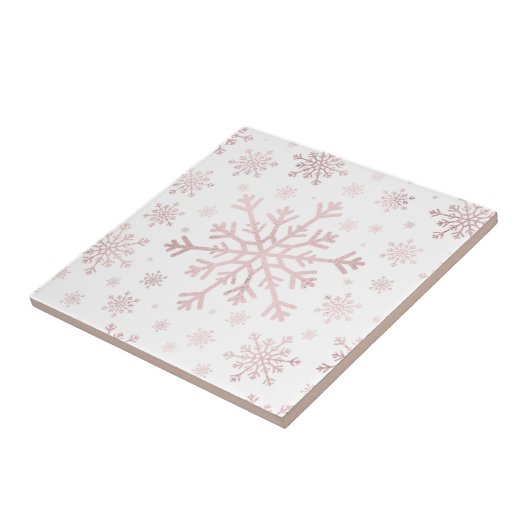  roze kerstsnowflakes op winterwit tegeltje (Zijkant)