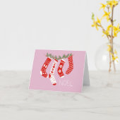 Roze Kerstsokken Noel Groet Kaart (Gele Bloem)