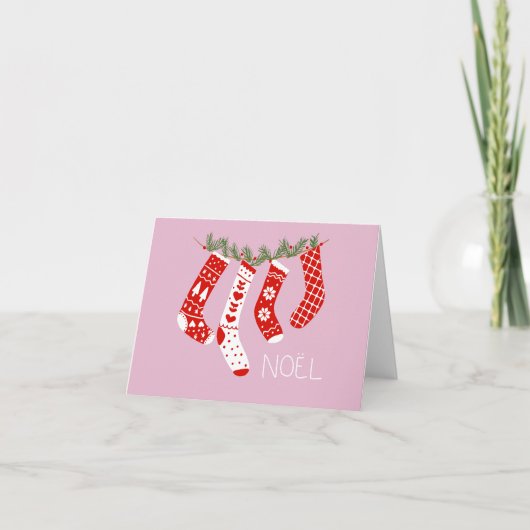 Roze Kerstsokken Noel Groet Kaart (Voorkant)