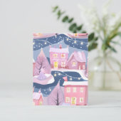 Roze  kerststad | Waterverf Girly Feestdagenkaart (Staand voorkant)