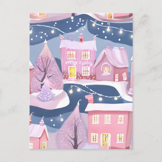 Roze  kerststad | Waterverf Girly Feestdagenkaart (Voorkant)