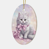 Roze Kerststrik Wit Kitten Kinder Keramisch Ornament (Links)