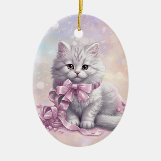 Roze Kerststrik Wit Kitten Kinder Keramisch Ornament (Voorkant)