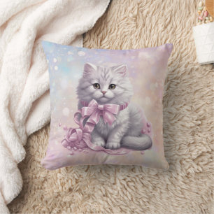 Roze Kerststrik Wit Kitten Kinder Kussen