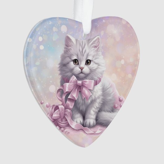 Roze Kerststrik Wit Kitten Kinder Ornament (voorkant)