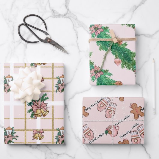 roze kersttrio inpakpapier vel (Voorkant)