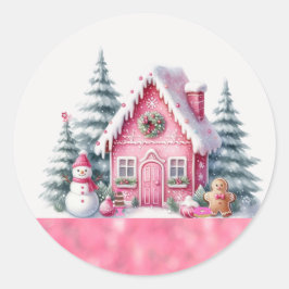 Roze Kerstvakantie Village Gingerbread House Ronde Sticker