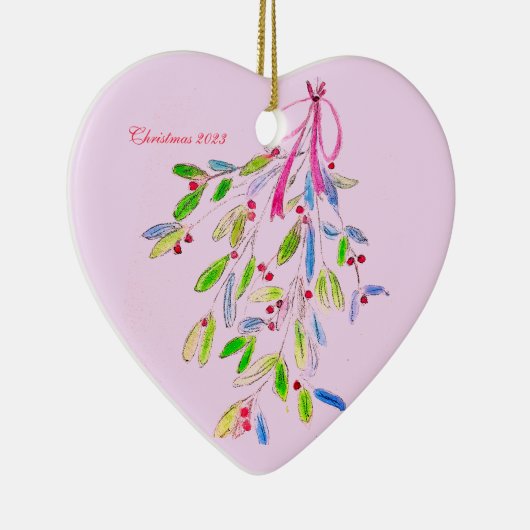 Roze kerstversiering met maretak keramisch ornament (Rechts)