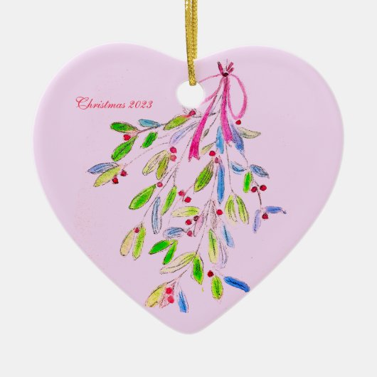 Roze kerstversiering met maretak keramisch ornament (Voorkant)