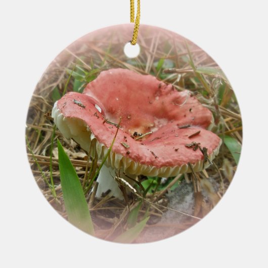 Roze kerstversiering met paddenstoel keramisch ornament (Voorkant)