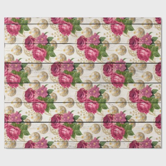 Roze kerstversieringen op hout cadeaupapier (Vlak)