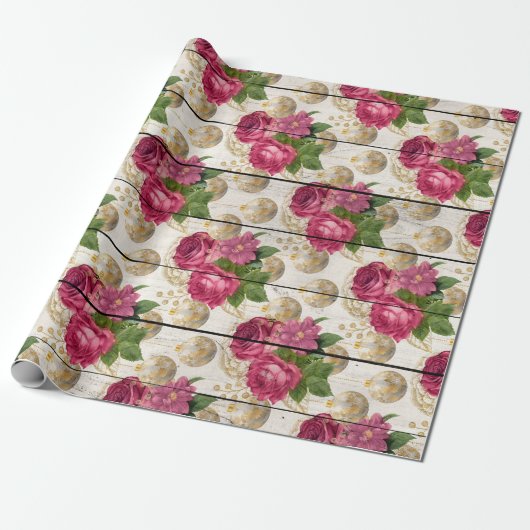 Roze kerstversieringen op hout cadeaupapier (Uitgerold)