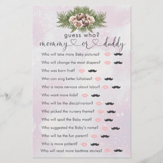 Roze kerstwinter Baby shower "Raad eens wie" game (Voorkant)