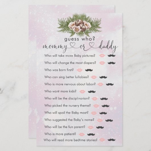 Roze kerstwinter Baby shower "Raad eens wie" game (Voorkant / Achterkant)