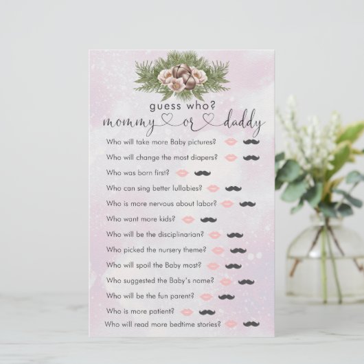 Roze kerstwinter Baby shower "Raad eens wie" game (Staand voorkant)