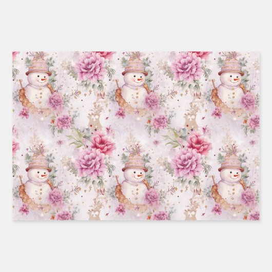 Roze Kerstwinter Sneeuwmannen Bloemen Waterverf Inpakpapier Vel (Voorkant 3)