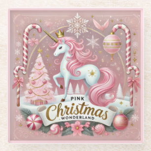 Roze Kerstwonderland Eenhoorn Glazen Onderzetter