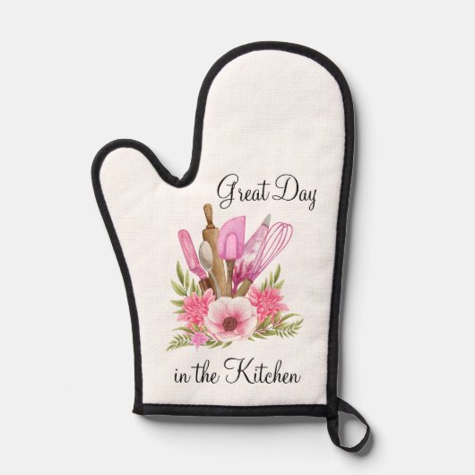 Roze keukengerei Bloemen Oven Mitt Pot Houder Ovenwant (Voorkant)