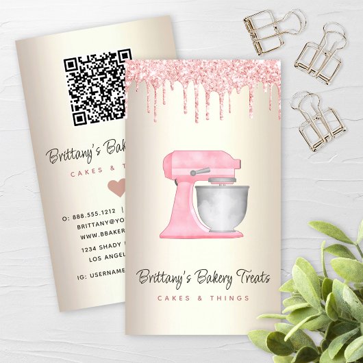 Roze Keukenmixer Glitter Druppel QR-code Goud Visitekaartje