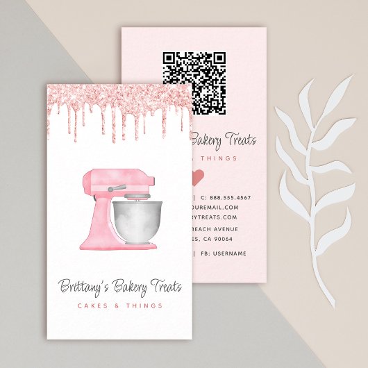Roze Keukenmixer Glitterdruppels QR-code Visitekaartje