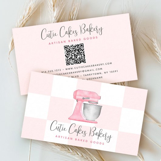 Roze Keukenmixer QR-code Geruite Bakkerij Visitekaartje