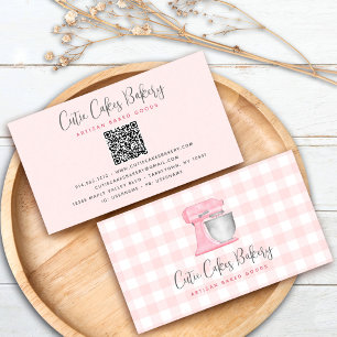 Roze Keukenmixer QR-code Gingham Banketbakkerij Visitekaartje