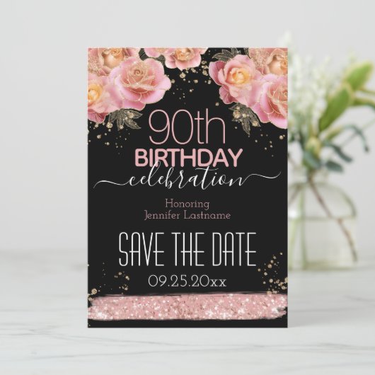 Roze kiezelflens 90e verjaardag Red de datum I Kaart (Staand voorkant)