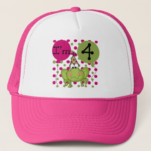 Roze Kikker 4e Verjaardag Tshirts en geschenken Trucker Pet (Voorkant)